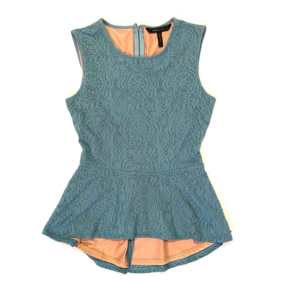 BCBGMaxAzria Fitted Lace Peplum Blouse